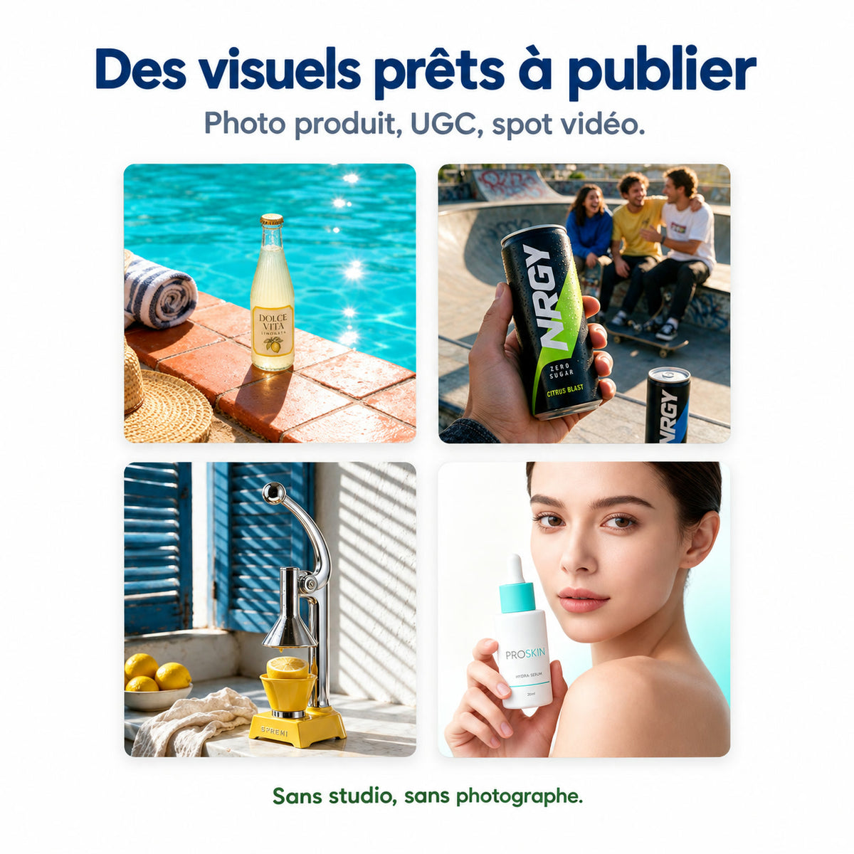 Des visuels prêts à publier : photo produit, UGC et spot vidéo